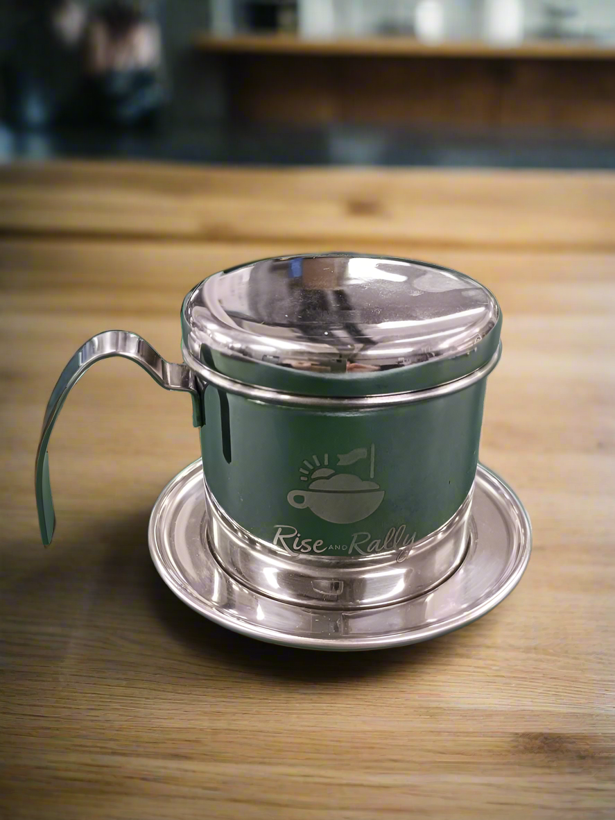 Image of a metal Phin Filter with a Rise and Rally Logo